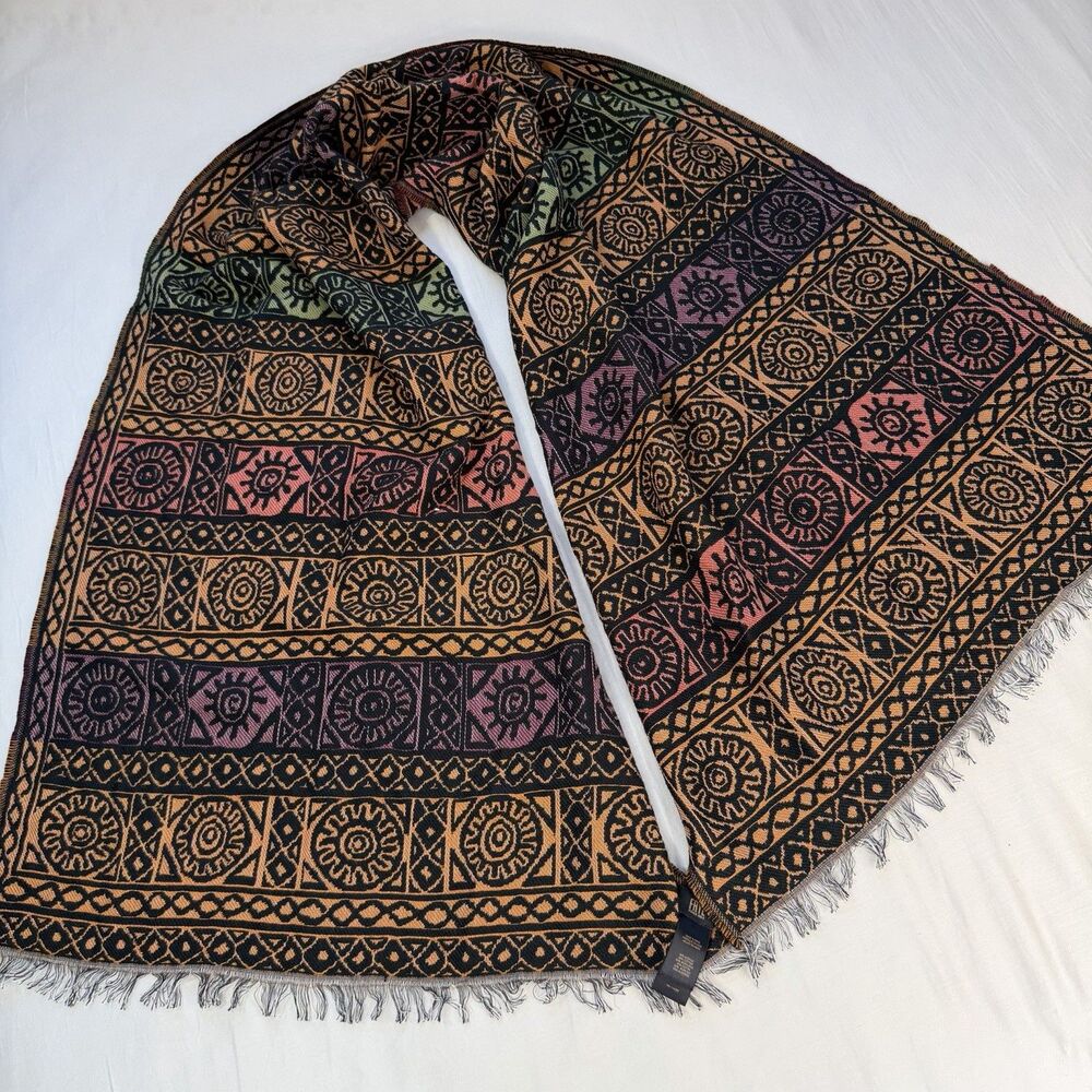 Frye Tribal Aztec Knit Fringe Scarf Shawl 70x23 Boho Geometric Southwestern
